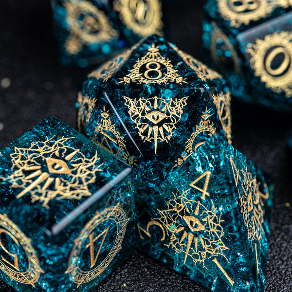 URWizards D&D Blast Blue Glass Engraved Dice Set Warlock Style - Urwizards