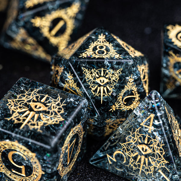 URWizards D&D Blast Dark Glass Engraved Dice Set Warlock Style - Urwizards