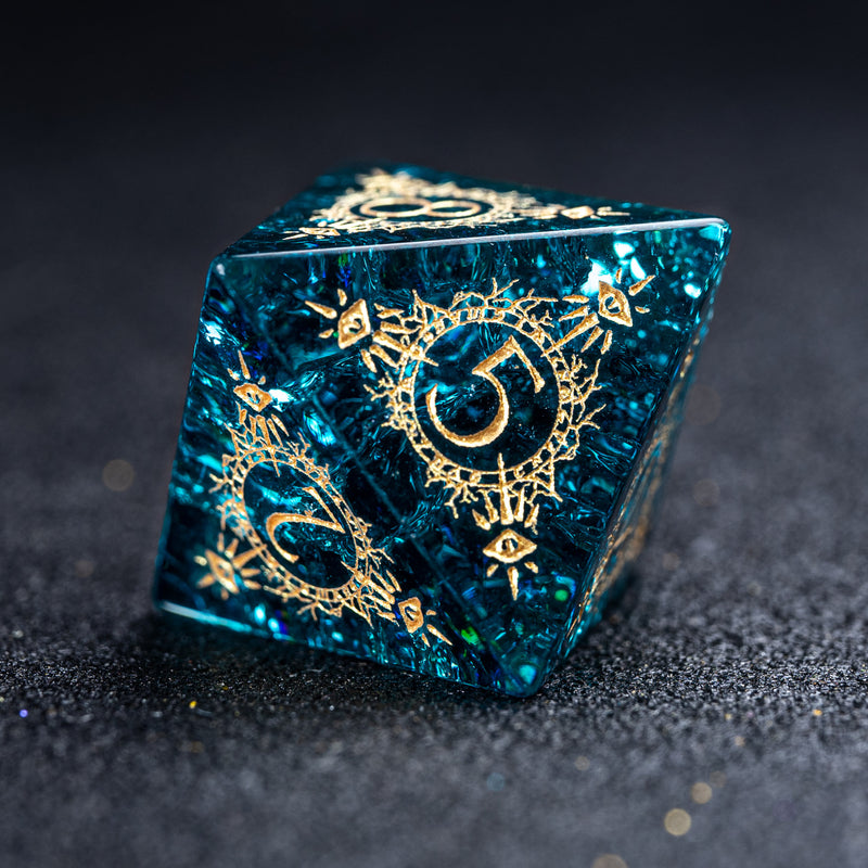 URWizards D&D Blast Blue Glass Engraved Dice Set Warlock Style - Urwizards