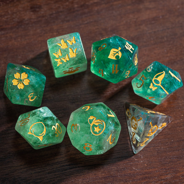 URWizards Dnd Green Fluorite Engraved Dice Set Animal Crossing Style - Urwizards