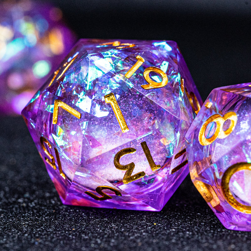 URWizards D&D Purple Glitter Liquid Heart Resin Engraved Dice Set - Urwizards