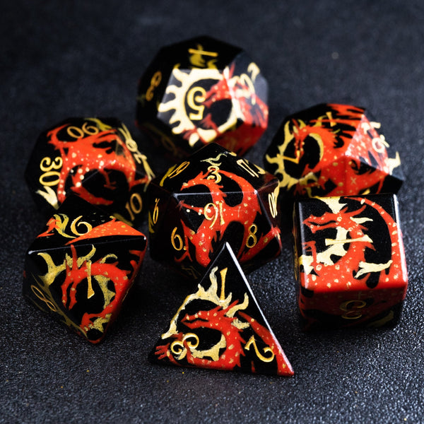URWizards D&D Obsidian Engraved Dice Set Hand-painted Dragon - Urwizards