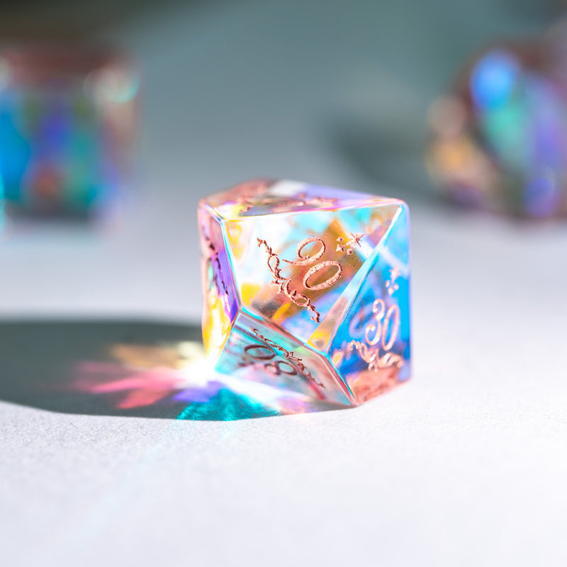 URWizards Dnd Dichroic Prism  Glass Engraved Dice Set Unicorn Style Rose Red Inked - Urwizards