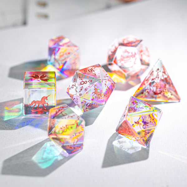 URWizards Dnd Dichroic Prism  Glass Engraved Dice Set Unicorn Style Rose Red Inked - Urwizards