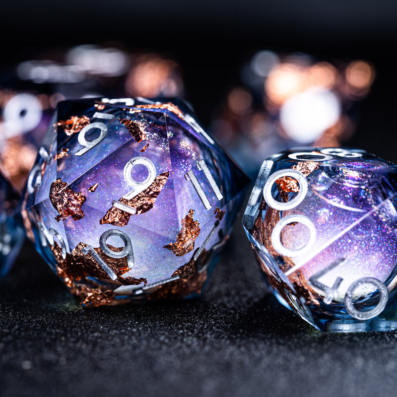 URWizards D&D Starry Liquid Heart Resin Engraved Dice Set Copper Flakes - Urwizards