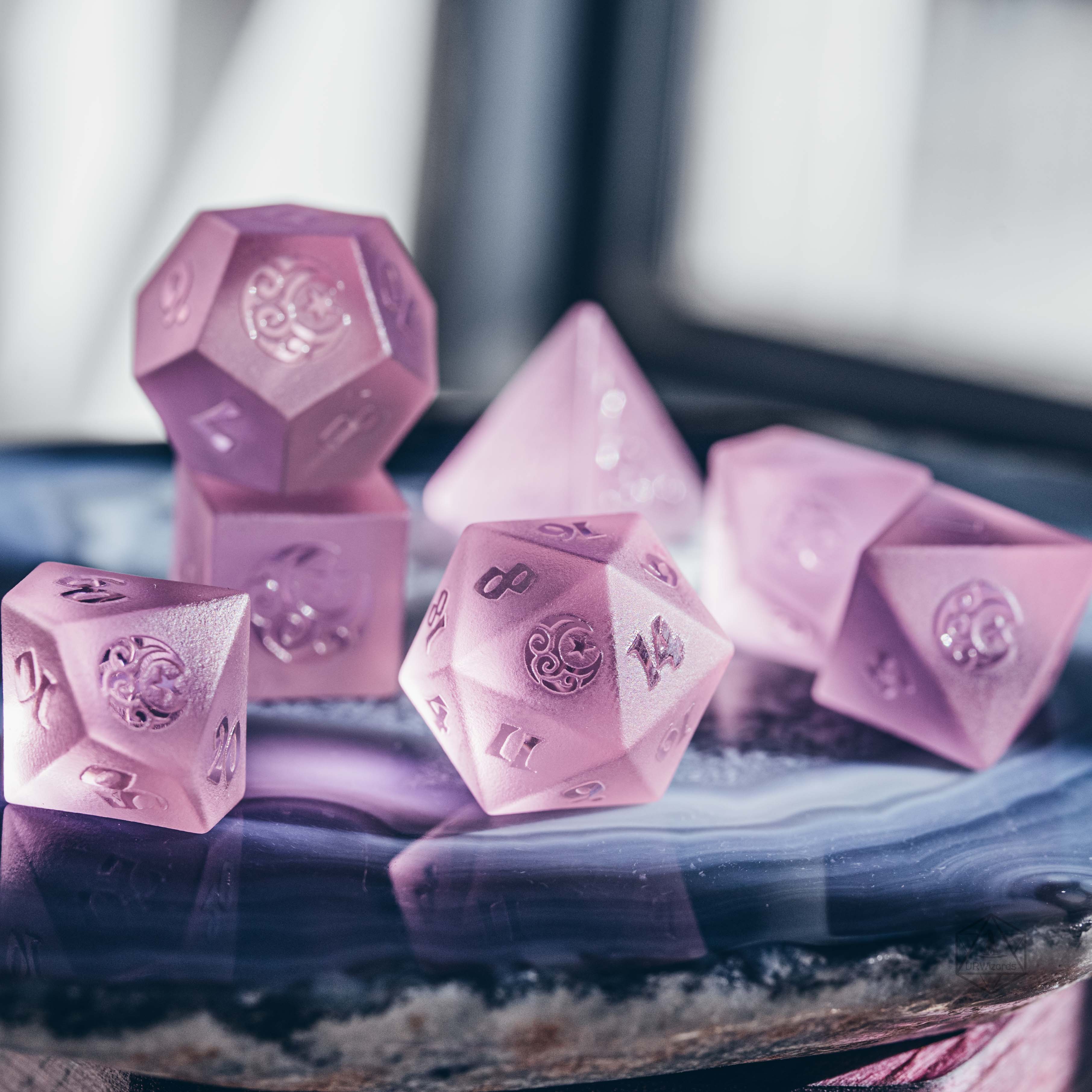 URWizards D&D Pink Tourmaline Raised Dice Set Moon Star Style