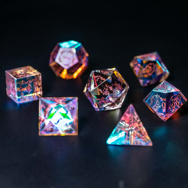 URWizards Dnd Dichroic Glass Engraved Dice Set Plant Vine Style Rose Red Inked - Urwizards