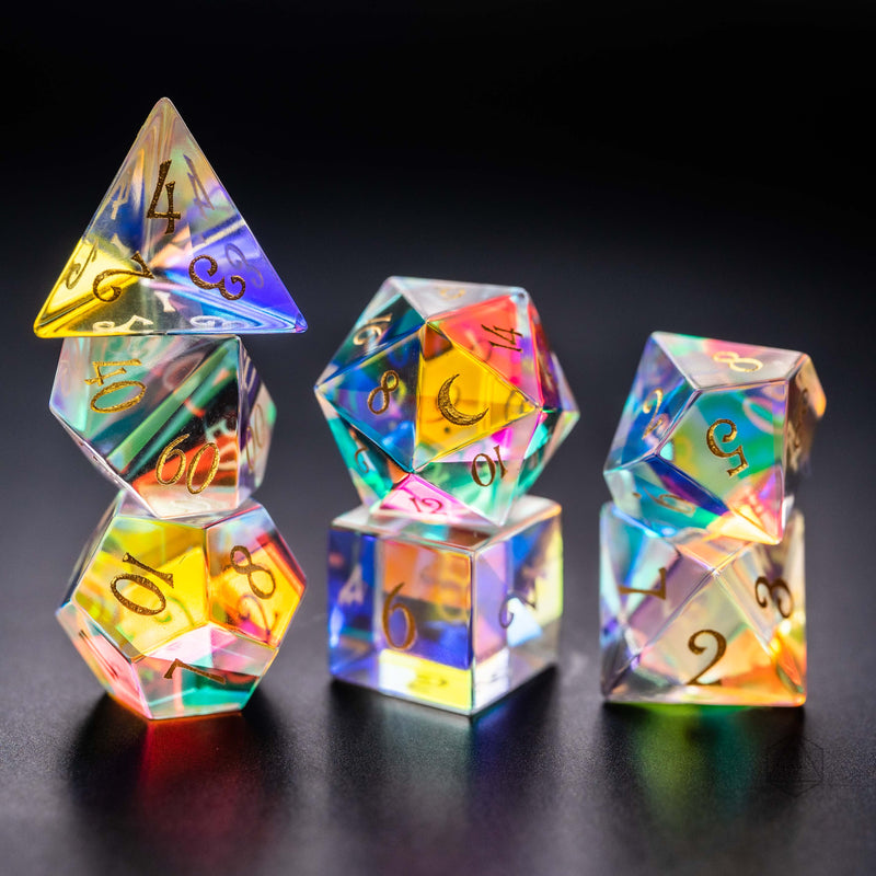 URWizards Dnd Dichroic Prism  Glass Gemstone Engraved Dice Set Moon Style - Urwizards