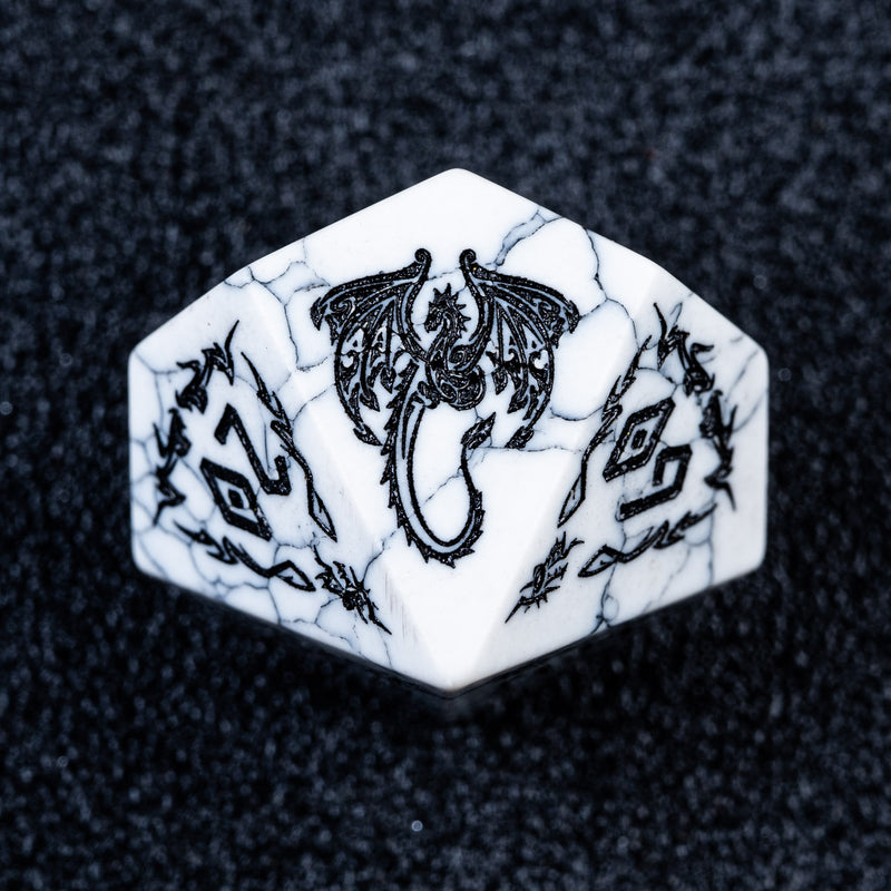 URWizards D&D White Howlite Engraved Dice Set Flying Dragon - Urwizards