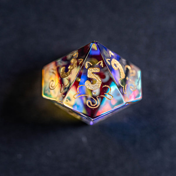 URWizards Dnd Engraved Dichroic Prism Glass Dice Set Meow Style Gold Inked - Urwizards