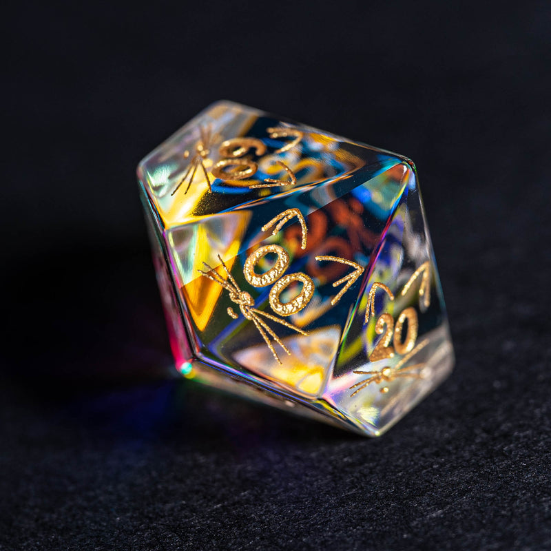 URWizards Dnd Engraved Dichroic Prism Glass Dice Set Meow Style Gold Inked - Urwizards