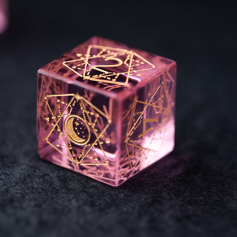 URWizards Dnd Pink Glass Engraved Dice Set Astrology Style - Urwizards