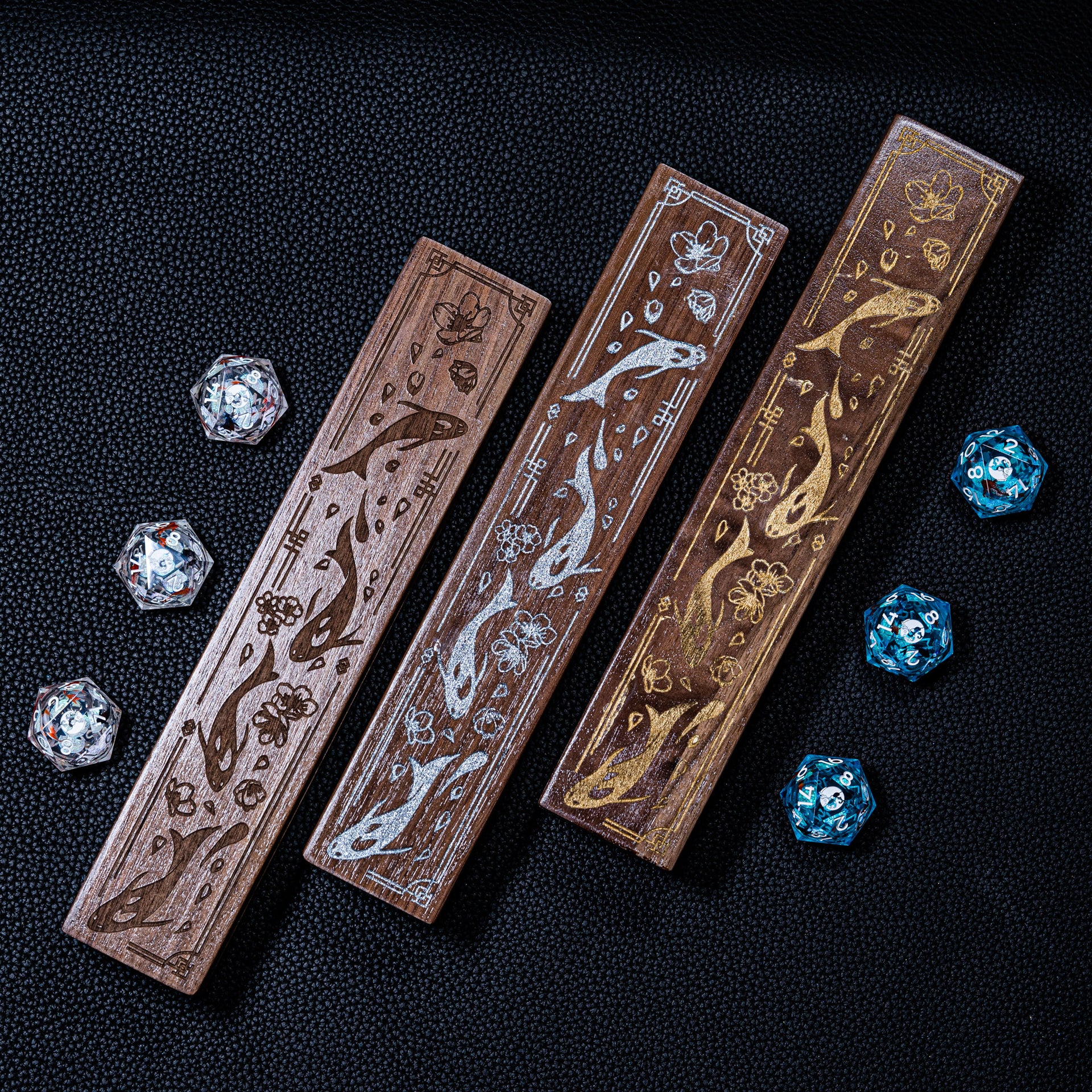 URWizards Engraved Walnut D&D Dice Box Koi Fish, Silver painted / Walnut