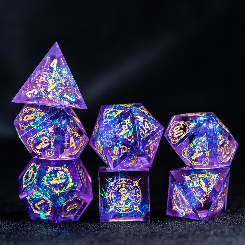 URWizards D&D Resin Purple Glitter Engraved Dice Set Wizard Style - Urwizards
