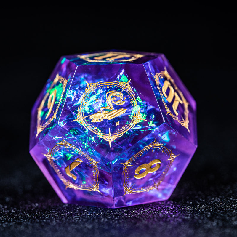 URWizards D&D Resin Purple Glitter Engraved Dice Set Wizard Style - Urwizards