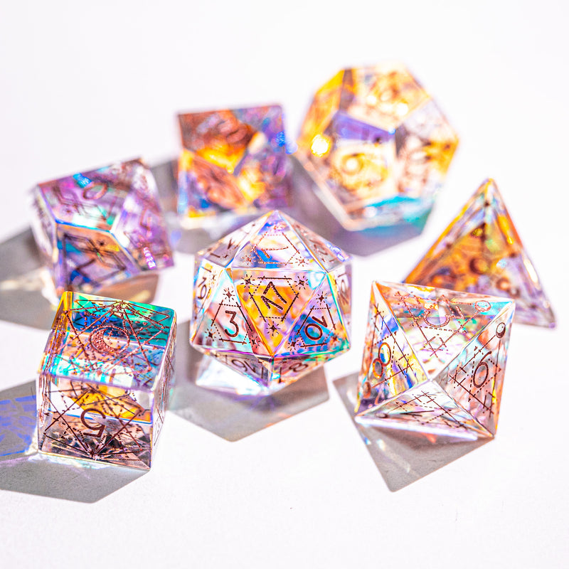 URWizards Dnd Dichroic Glass Engraved Dice Set Astrology Rose Red Inked - Urwizards
