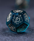 URWizards Dnd Blue Glass Engraved Dice Set Astrology Style Silver Inked - Urwizards