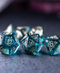 URWizards Dnd Blue Glass Engraved Dice Set Astrology Style Silver Inked - Urwizards