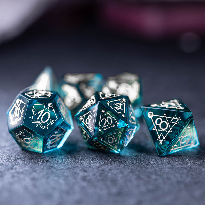 URWizards Dnd Blue Glass Engraved Dice Set Astrology Style Silver Inked - Urwizards
