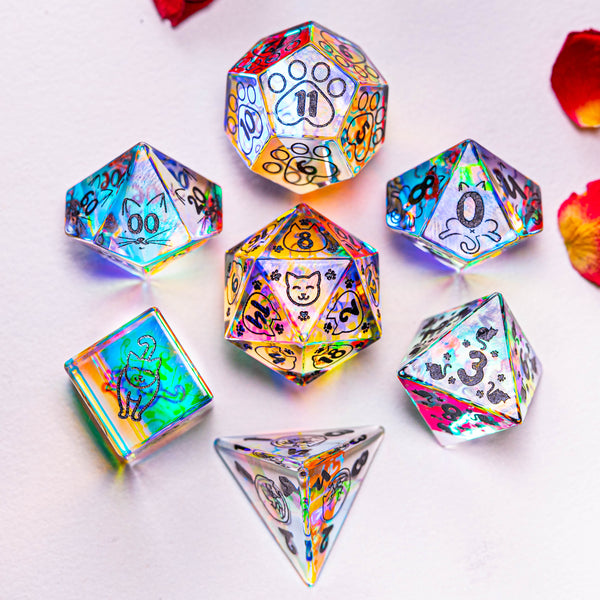URWizards Dnd Engraved Dichroic Prism Glass Dice Set Meow Style - Urwizards