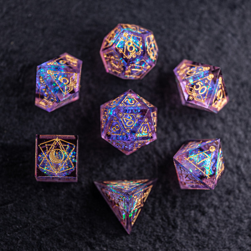 URWizards Dnd Resin Purple Glitter Engraved Dice Set Astrology Style - Urwizards