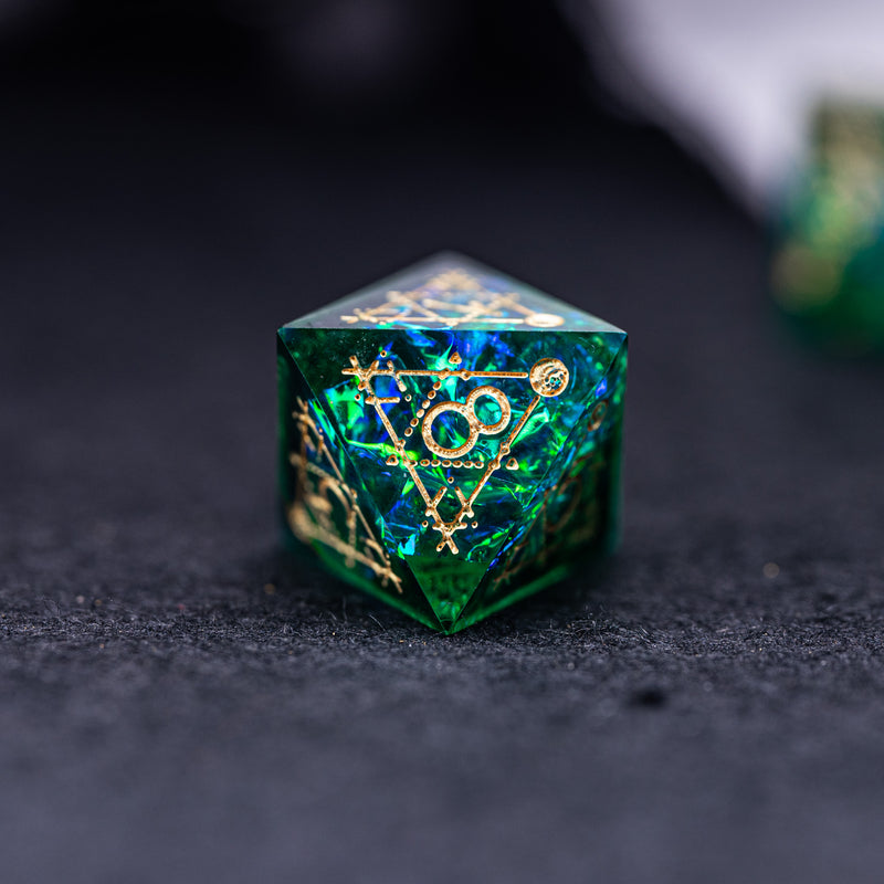 URWizards Dnd Resin Green Glitter Engraved Dice Set Astrology Style - Urwizards