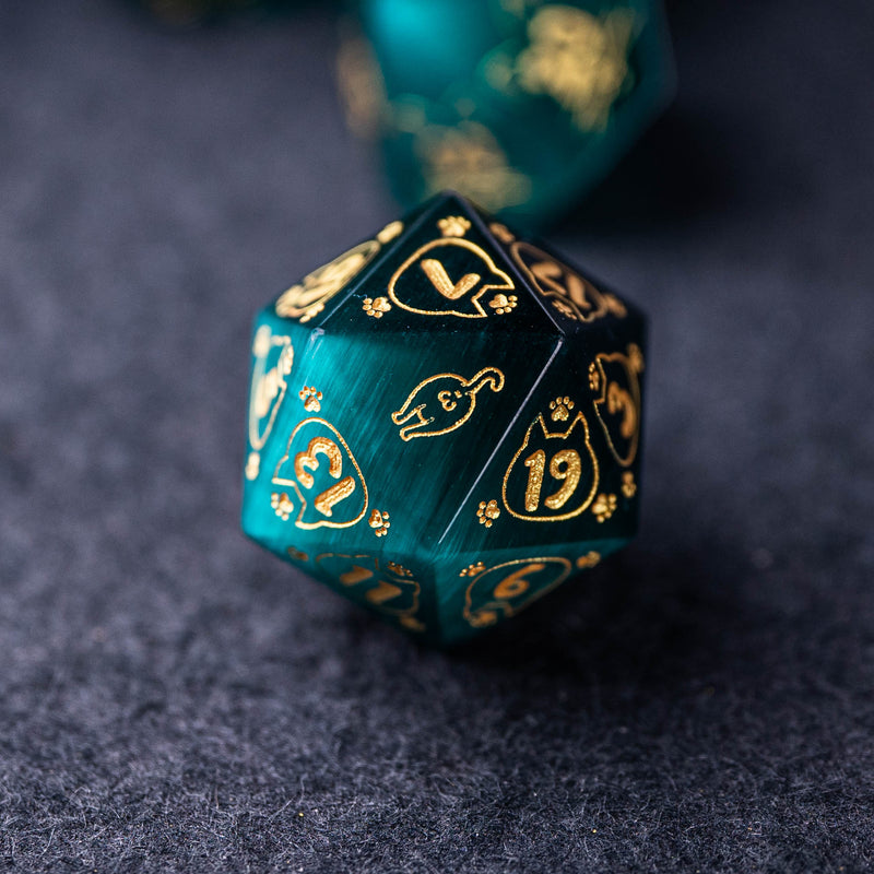 URWizards Dnd Engraved Teal Green Cat's Eye Dice Set Meow Style - Urwizards