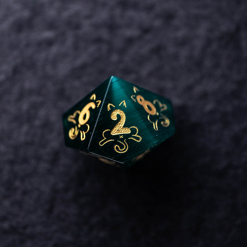 URWizards Dnd Engraved Teal Green Cat's Eye Dice Set Meow Style - Urwizards