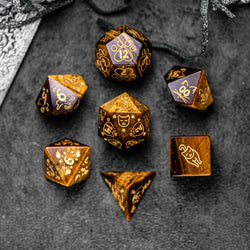 URWizards Dnd Engraved Yellow Tiger's Eye Dice Set Meow Style - Urwizards