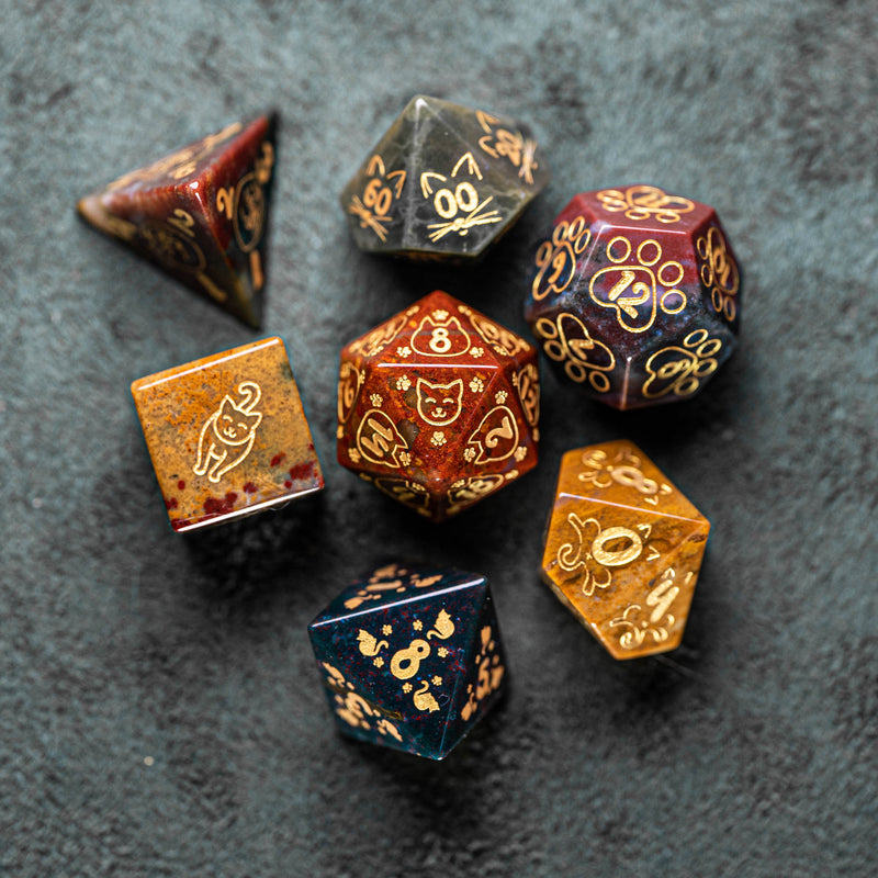URWizards Dnd Engraved Indian Agate Dice Set Meow Style - Urwizards