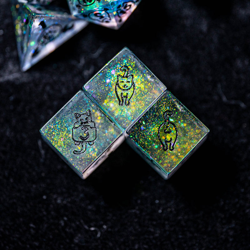 URWizards Dnd Resin Aurora Glitter Engraved Dice Set Meow Style - Urwizards