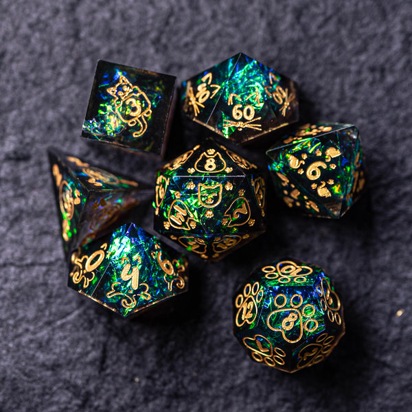 URWizards D&D Resin Dark Glitter Engraved Dice Set Meow Style | Urwizards