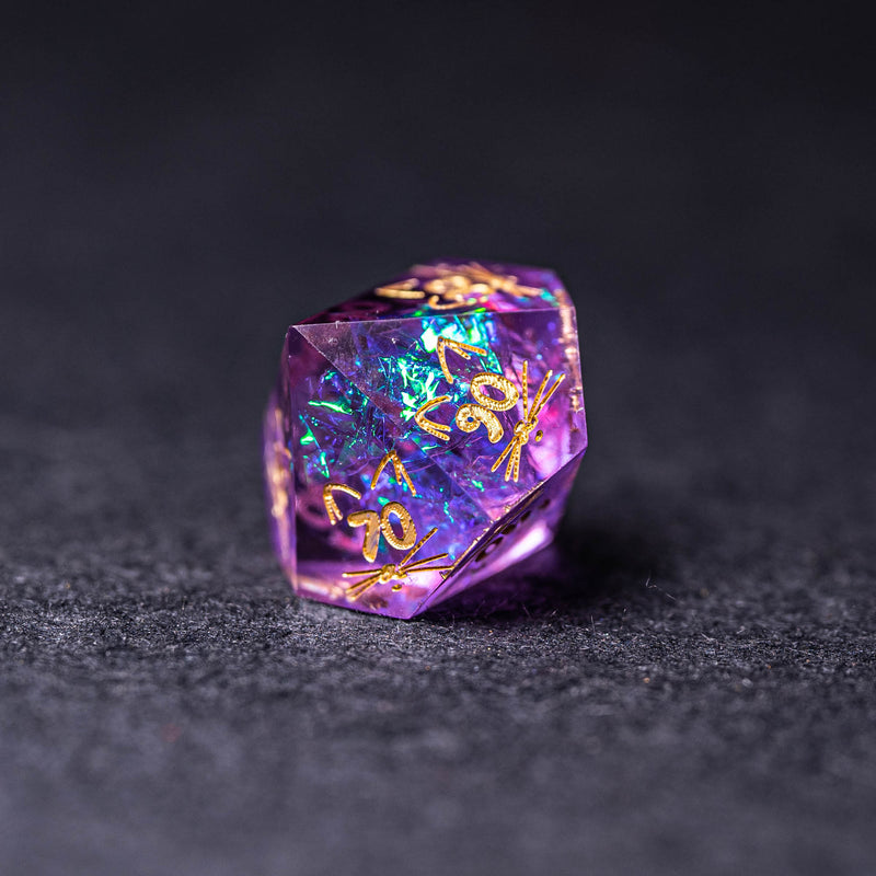 URWizards Dnd Resin Purple Glitter Engraved Dice Set Meow Style - Urwizards