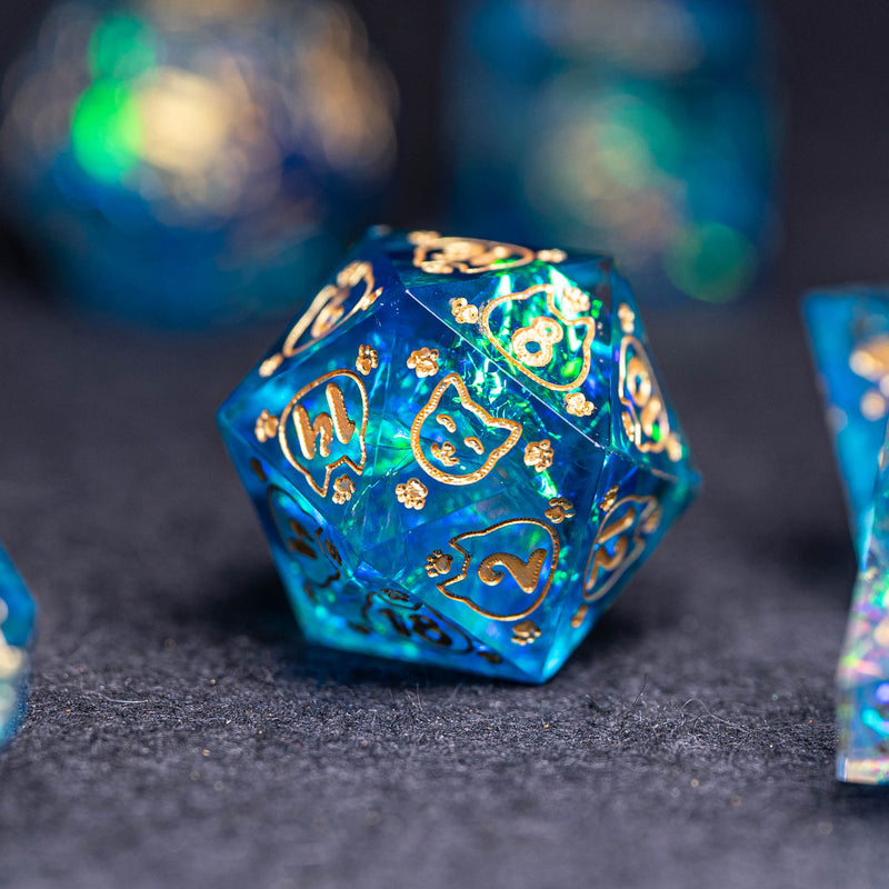 URWizards Dnd Resin Blue Glitter Engraved Dice Set Meow Style - Urwizards