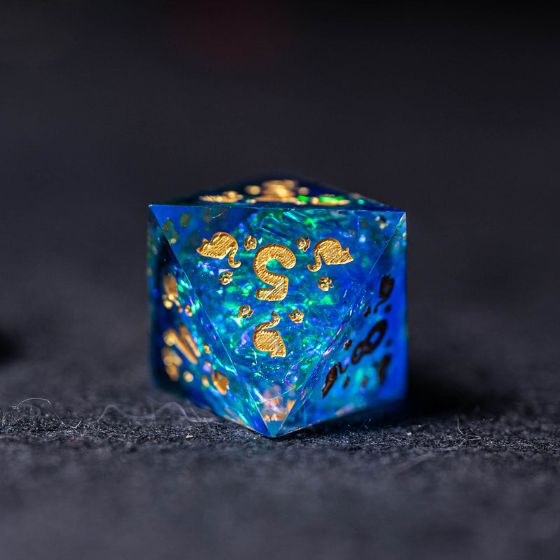 URWizards Dnd Resin Blue Glitter Engraved Dice Set Meow Style - Urwizards