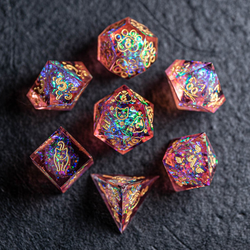 URWizards Dnd Resin Pink Glitter Engraved Dice Set Meow Style - Urwizards