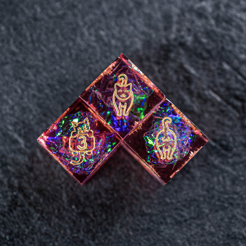 URWizards Dnd Resin Pink Glitter Engraved Dice Set Meow Style - Urwizards