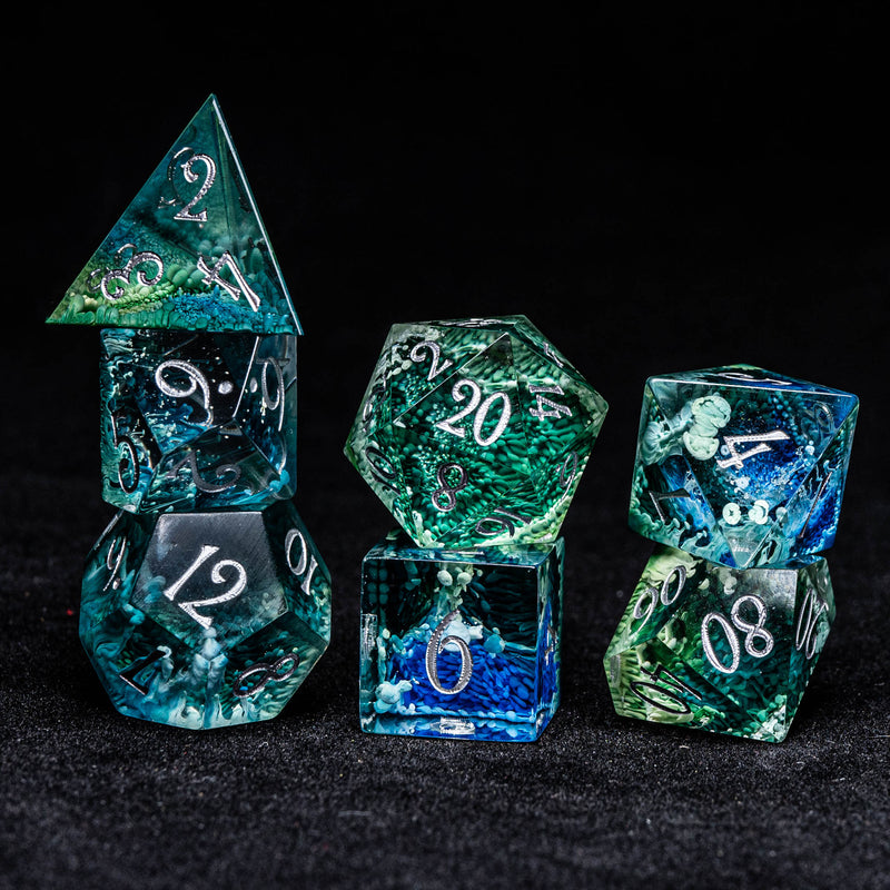 URWizards Dnd Resin Green Coral Engraved Dice Set Silver Inked - Urwizards