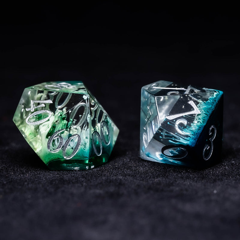 URWizards Dnd Resin Green Coral Engraved Dice Set Silver Inked - Urwizards