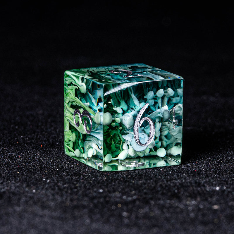 URWizards Dnd Resin Green Coral Engraved Dice Set Silver Inked - Urwizards