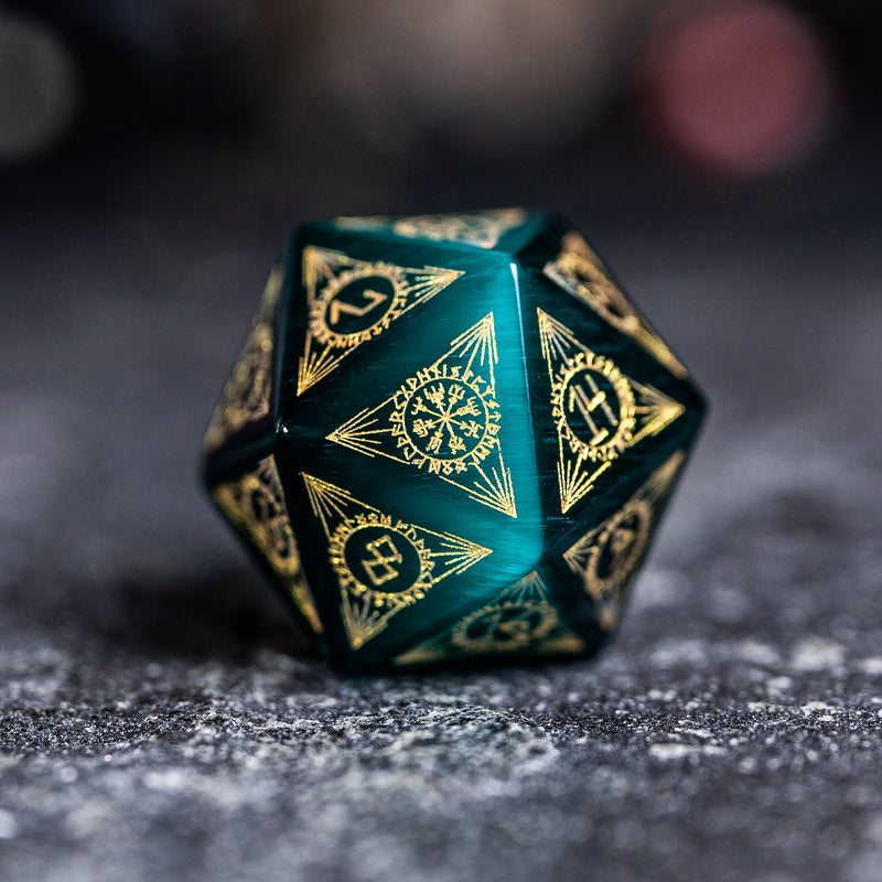 URWizards Dnd Engraved Teal Green Cat's Eye Stone Dice Set Nordic Style - Urwizards