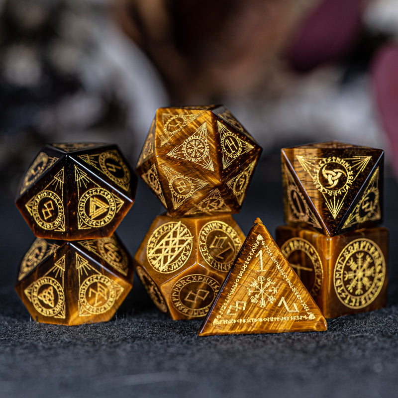 URWizards Dnd Engraved Yellow Tiger's Eyes Dice Set Nordic Style - Urwizards