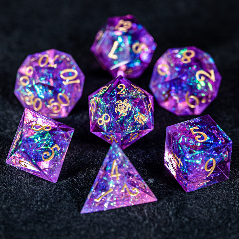 URWizards D&D Resin Purple Glitter Engraved Dice Set Turtle Style - Urwizards