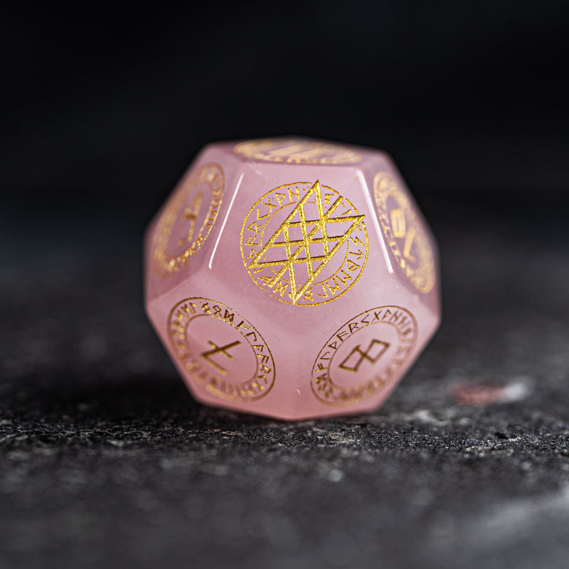 URWizards Dnd Engraved Rose Quartz Dice Set Nordic Style Gold Inked - Urwizards