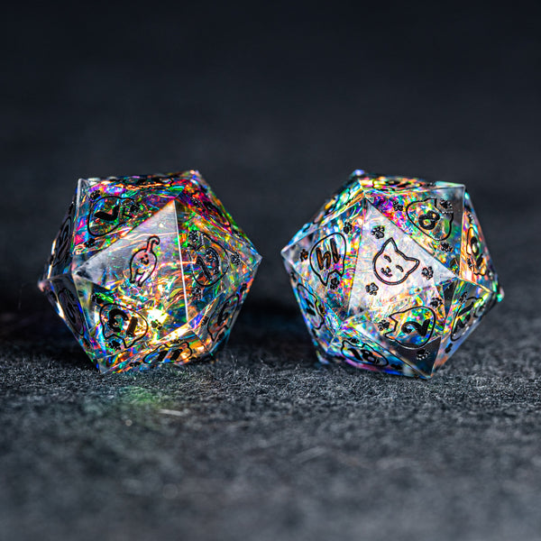 URWizards D&D Resin Opal Glitter Engraved Dice Set Meow Style - Urwizards
