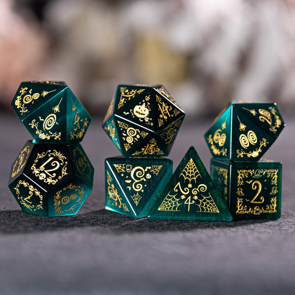 URWizards D&D Teal Cat's Eye Stone Engraved Dice Set Halloween Style - Urwizards