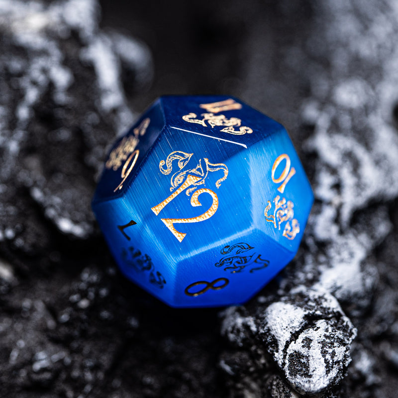 URWizards Dnd Engraved Blue Cat's Eye Stone Dice Set Cthulhu Style - Urwizards