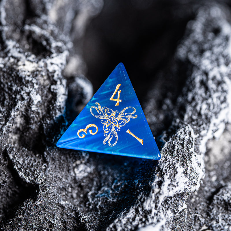 URWizards Dnd Engraved Blue Cat's Eye Stone Dice Set Cthulhu Style - Urwizards