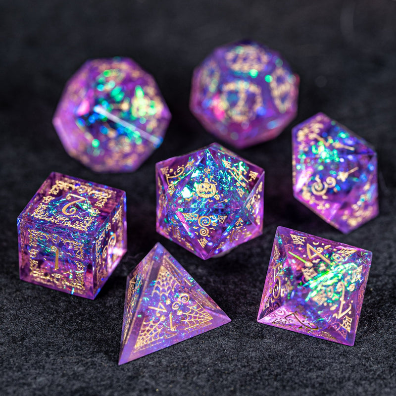 URWizards D&D Resin Purple Glitter Engraved Dice Set Halloween Style - Urwizards