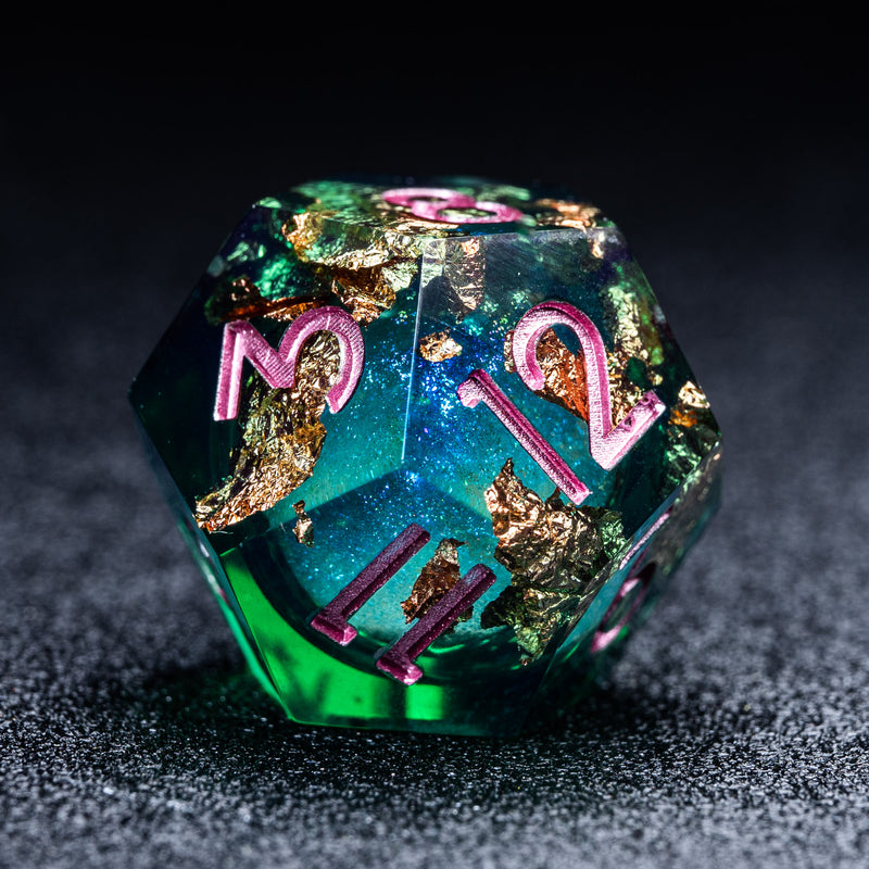 URWizards D&D Emerald Liquid Heart Resin Engraved Dice Set Copper Flakes - Urwizards